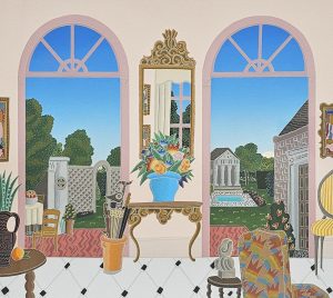 Thomas McKnight - Southampton room with mirror leading to yard with pool